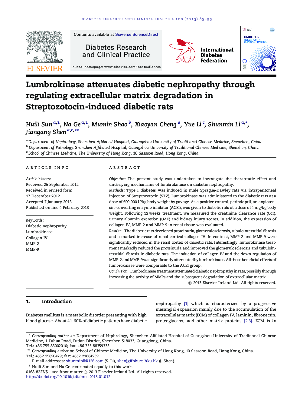 Lumbrokinase attenuates diabetic nephropathy through regulating extracellular matrix degradation in Streptozotocin-induced diabetic rats