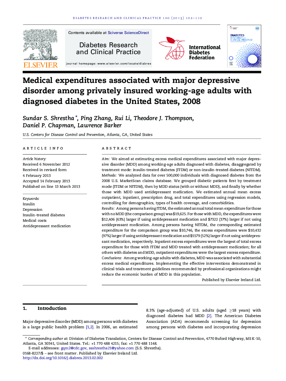 مصارف پزشکی مرتبط با اختلال افسردگی عمده در میان بزرگسالان سالم مشغول به کار با بیمه خصوصی با دیابت تشخیص داده شده در ایالات متحده، 2008 