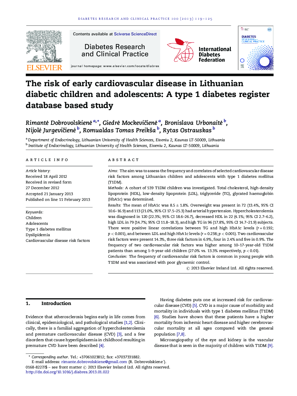 خطر ابتلا به بیماریهای قلبی عروقی در کودکان و نوجوانان دیابتی لیتوانی: یک مطالعه مبتنی بر پایگاه داده مبتنی بر دیابت نوع 1 