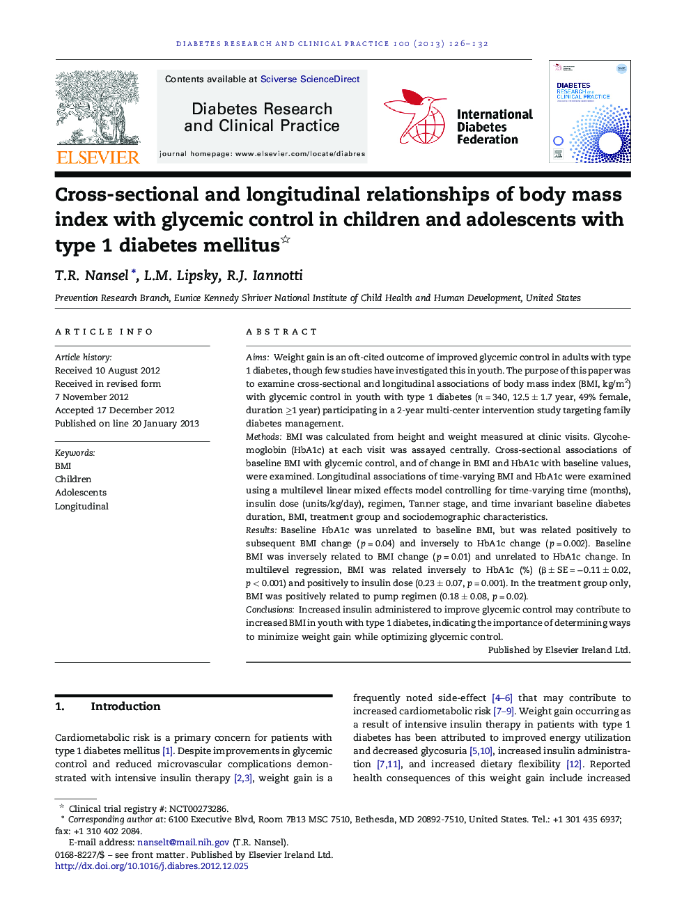روابط مقطعی و طولی شاخص توده بدنی با کنترل گلیسمی در کودکان و نوجوانان مبتلا به دیابت نوع 1 