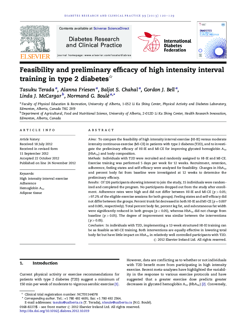 Feasibility and preliminary efficacy of high intensity interval training in type 2 diabetes