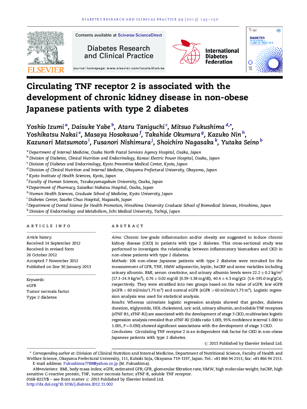 Circulating TNF receptor 2 is associated with the development of chronic kidney disease in non-obese Japanese patients with type 2 diabetes