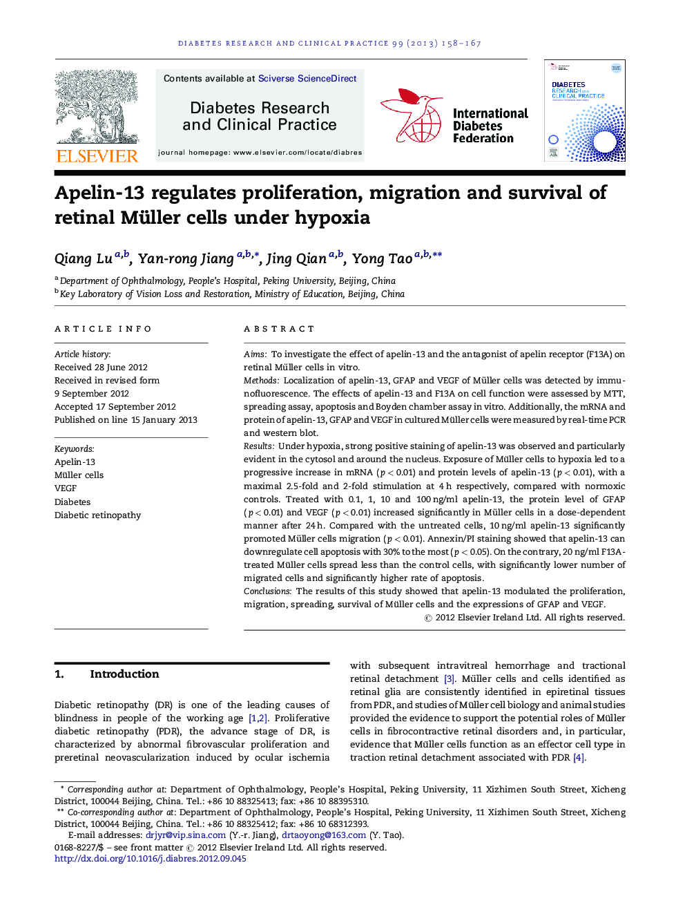 Apelin-13 regulates proliferation, migration and survival of retinal Müller cells under hypoxia