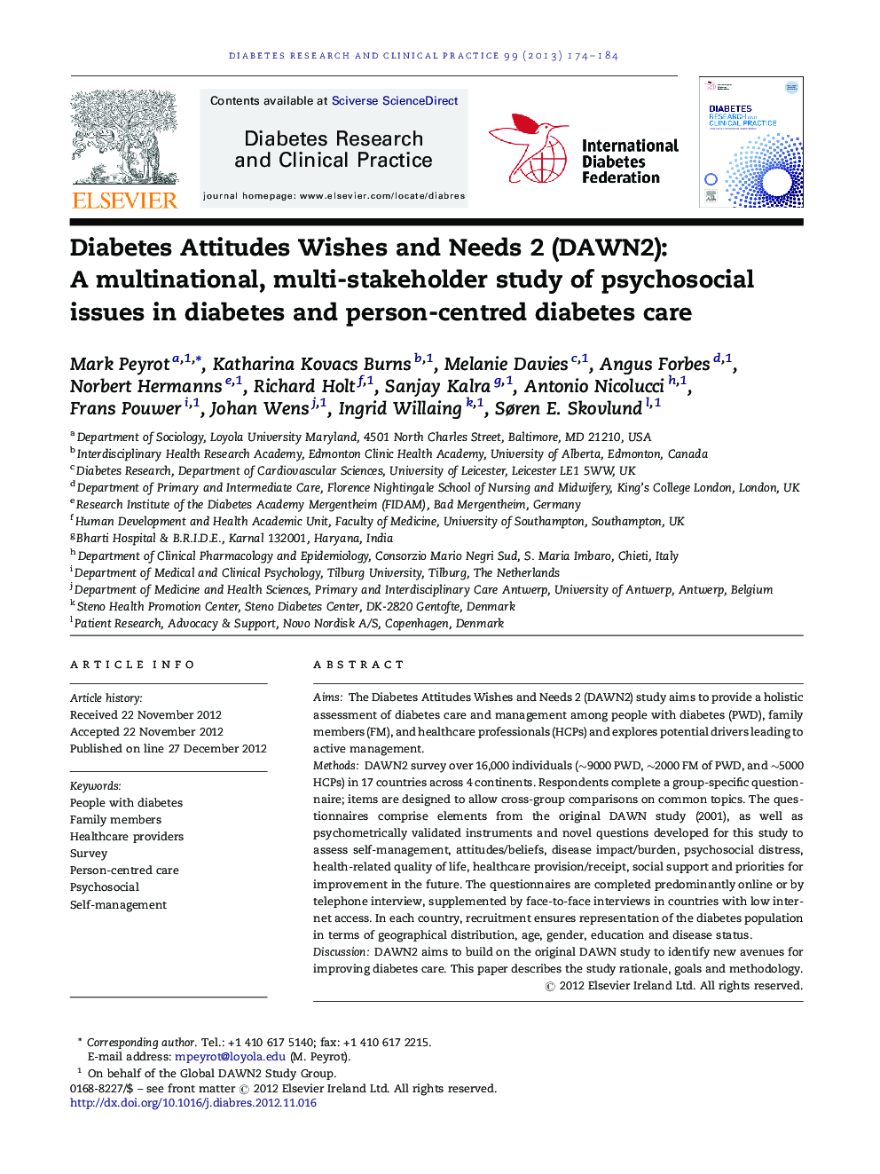 Diabetes Attitudes Wishes and Needs 2 (DAWN2): A multinational, multi-stakeholder study of psychosocial issues in diabetes and person-centred diabetes care