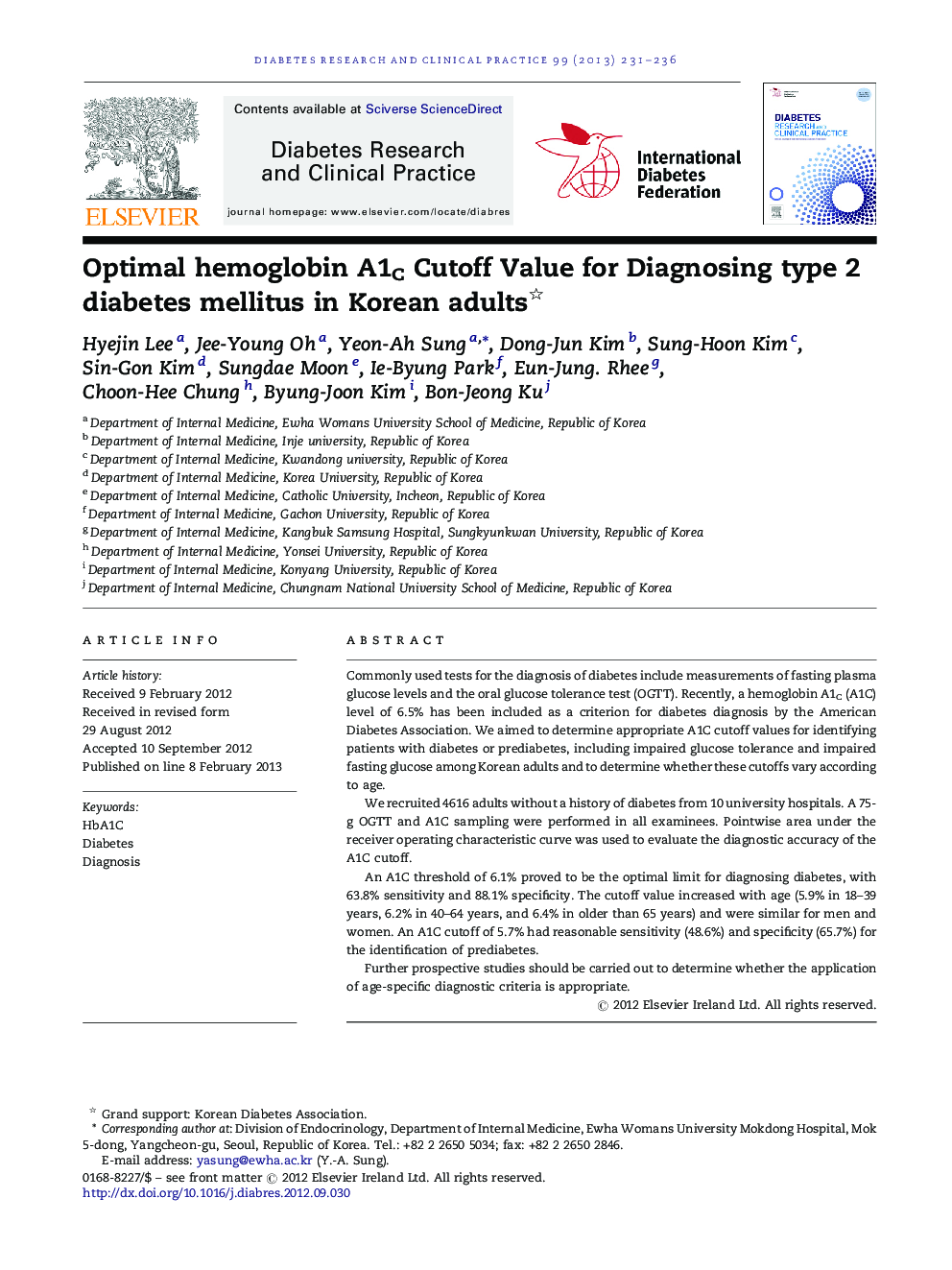 Optimal hemoglobin A1C Cutoff Value for Diagnosing type 2 diabetes mellitus in Korean adults