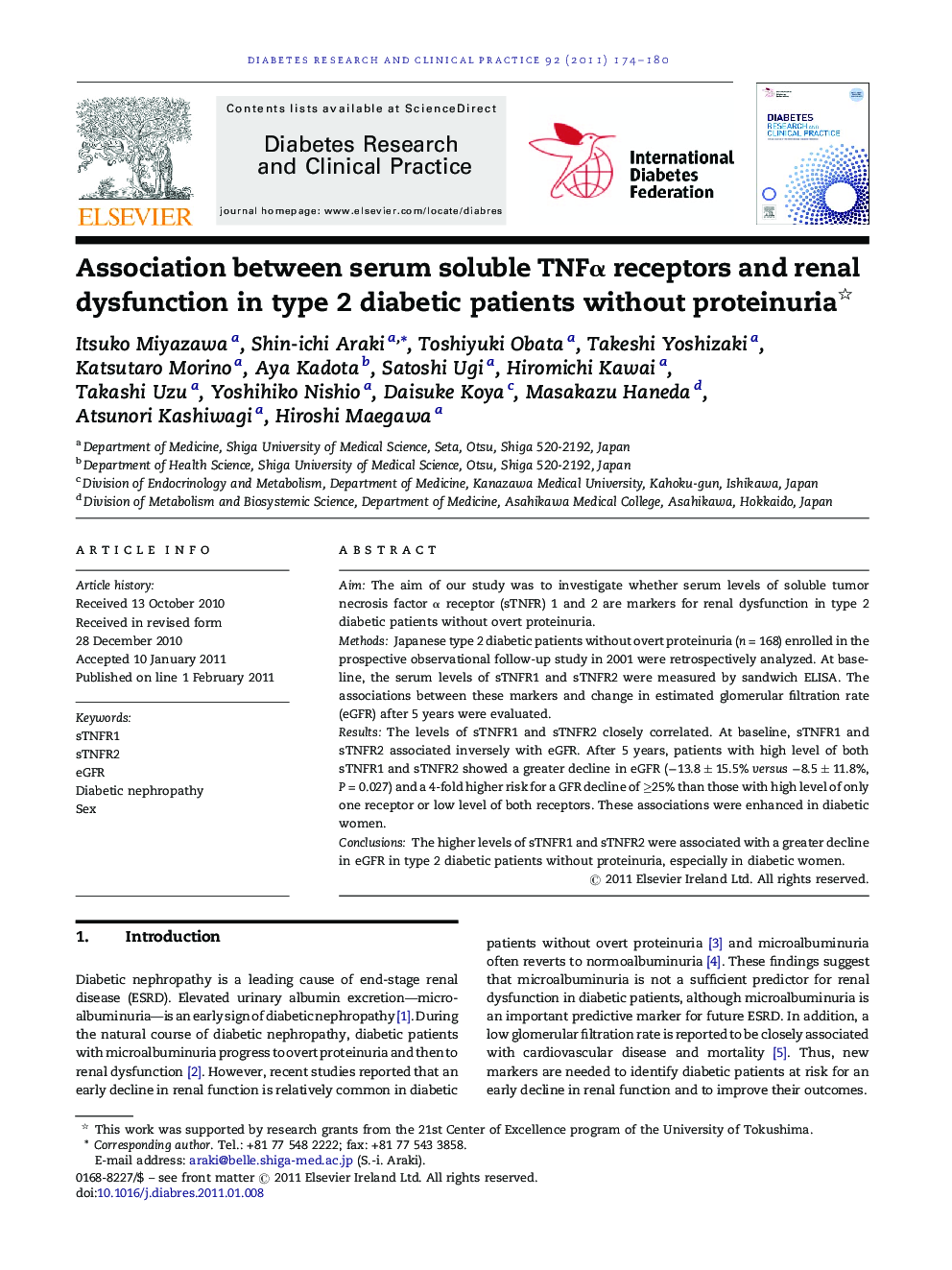 Association between serum soluble TNFÎ± receptors and renal dysfunction in type 2 diabetic patients without proteinuria