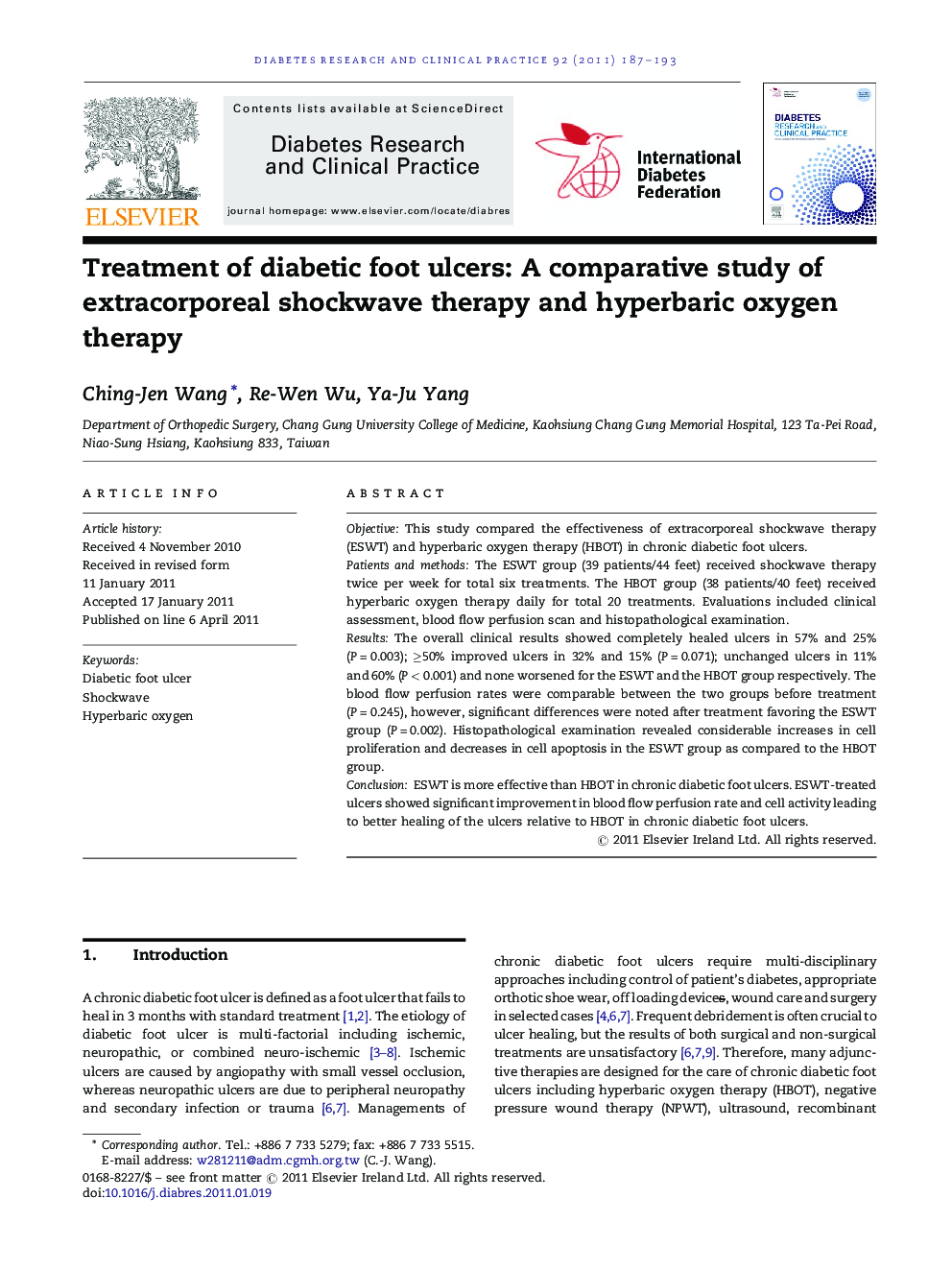 Treatment of diabetic foot ulcers: A comparative study of extracorporeal shockwave therapy and hyperbaric oxygen therapy