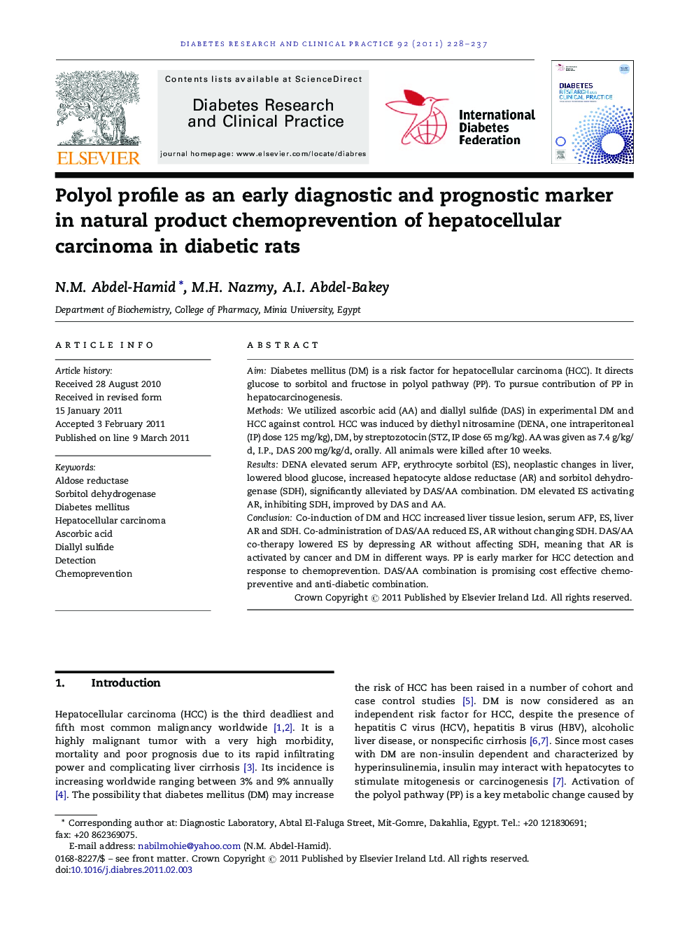 Polyol profile as an early diagnostic and prognostic marker in natural product chemoprevention of hepatocellular carcinoma in diabetic rats