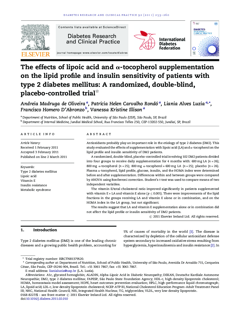 The effects of lipoic acid and Î±-tocopherol supplementation on the lipid profile and insulin sensitivity of patients with type 2 diabetes mellitus: A randomized, double-blind, placebo-controlled trial