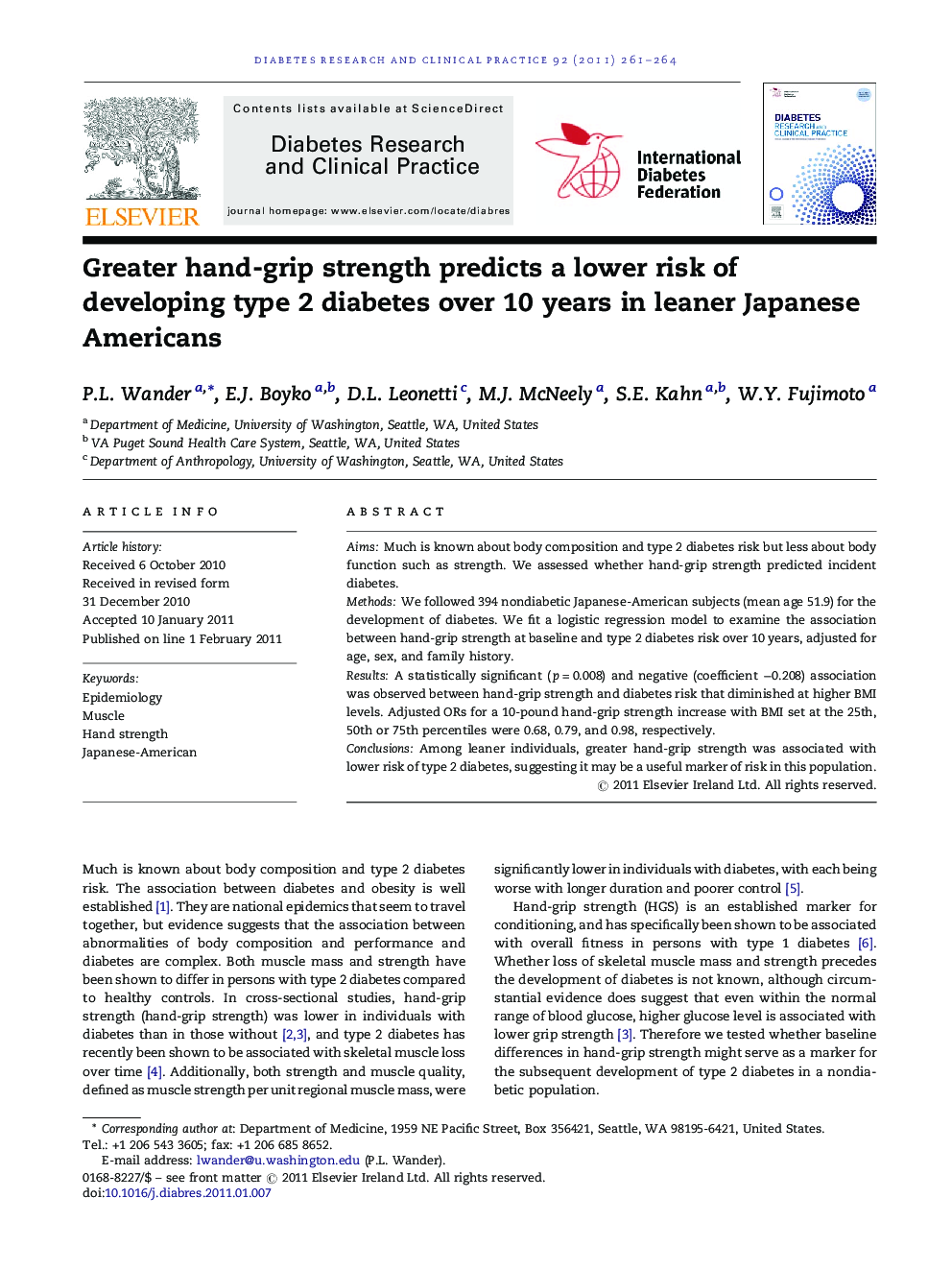 Greater hand-grip strength predicts a lower risk of developing type 2 diabetes over 10 years in leaner Japanese Americans