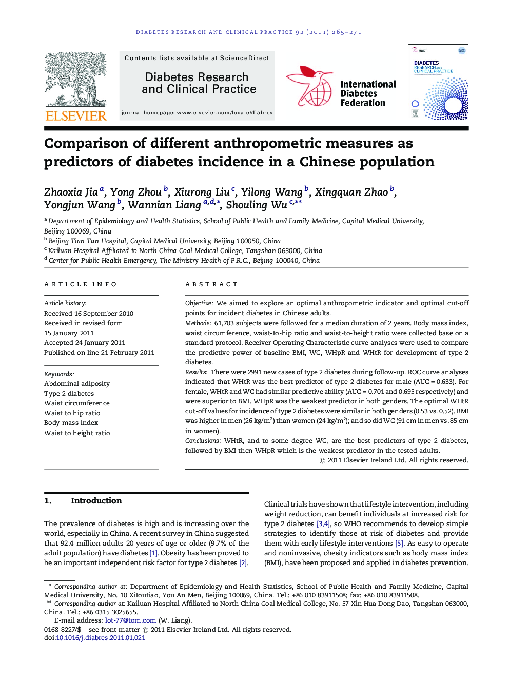 Comparison of different anthropometric measures as predictors of diabetes incidence in a Chinese population