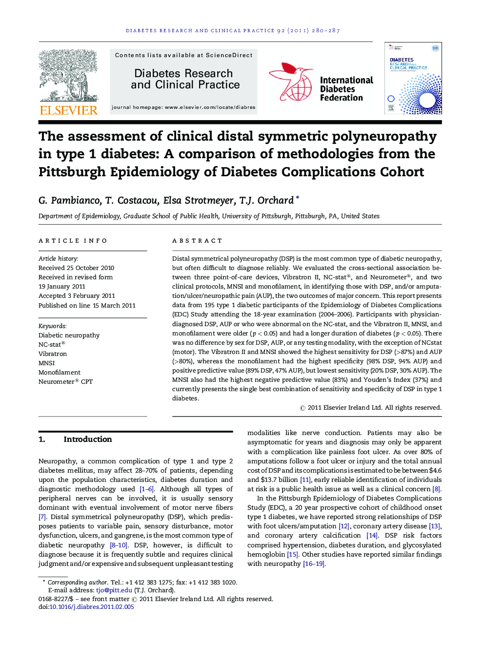 The assessment of clinical distal symmetric polyneuropathy in type 1 diabetes: A comparison of methodologies from the Pittsburgh Epidemiology of Diabetes Complications Cohort