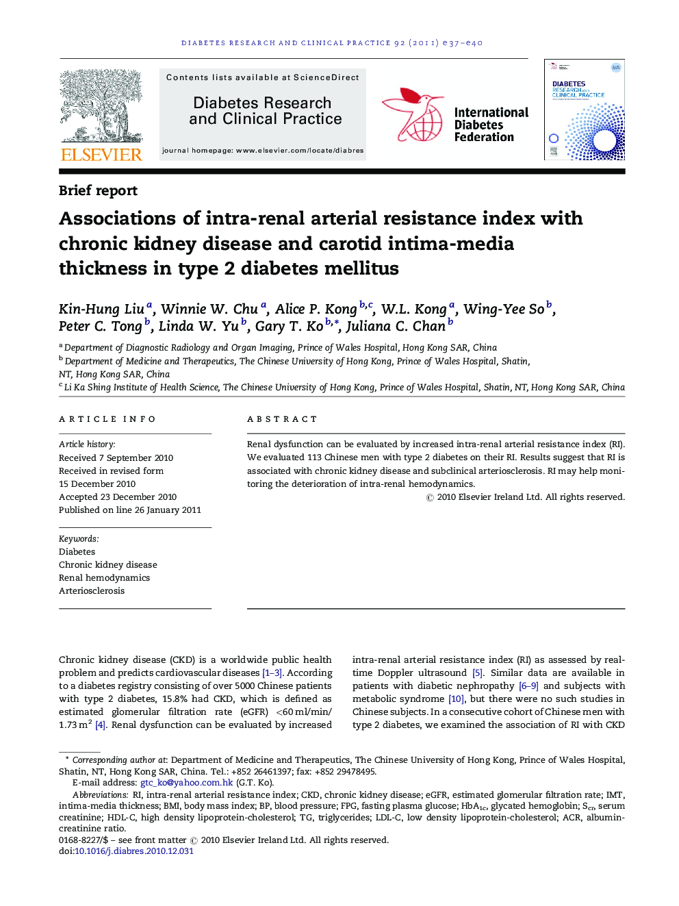 Associations of intra-renal arterial resistance index with chronic kidney disease and carotid intima-media thickness in type 2 diabetes mellitus
