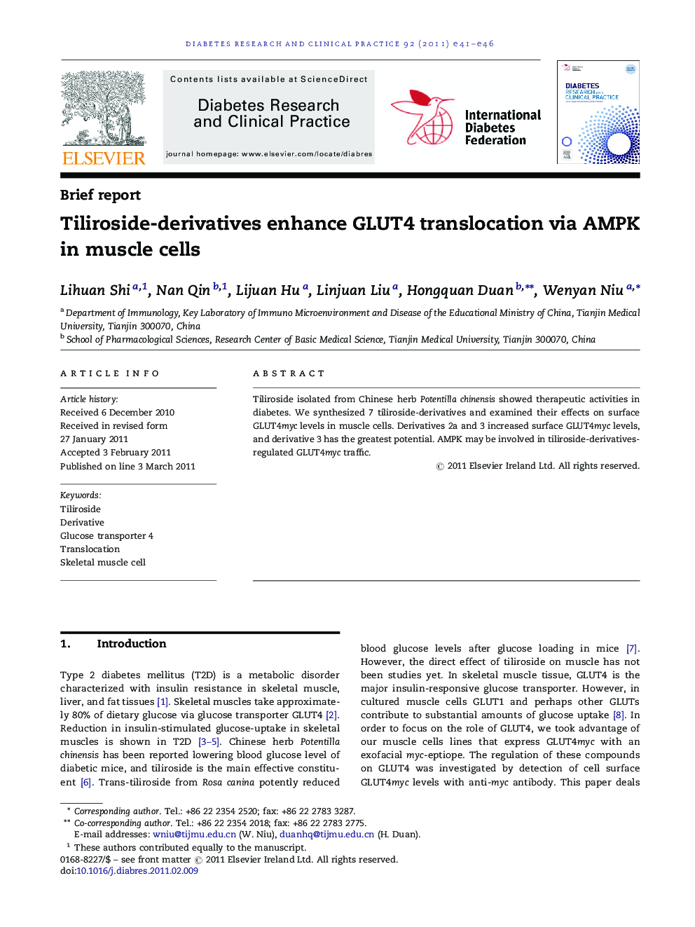 Brief reportTiliroside-derivatives enhance GLUT4 translocation via AMPK in muscle cells