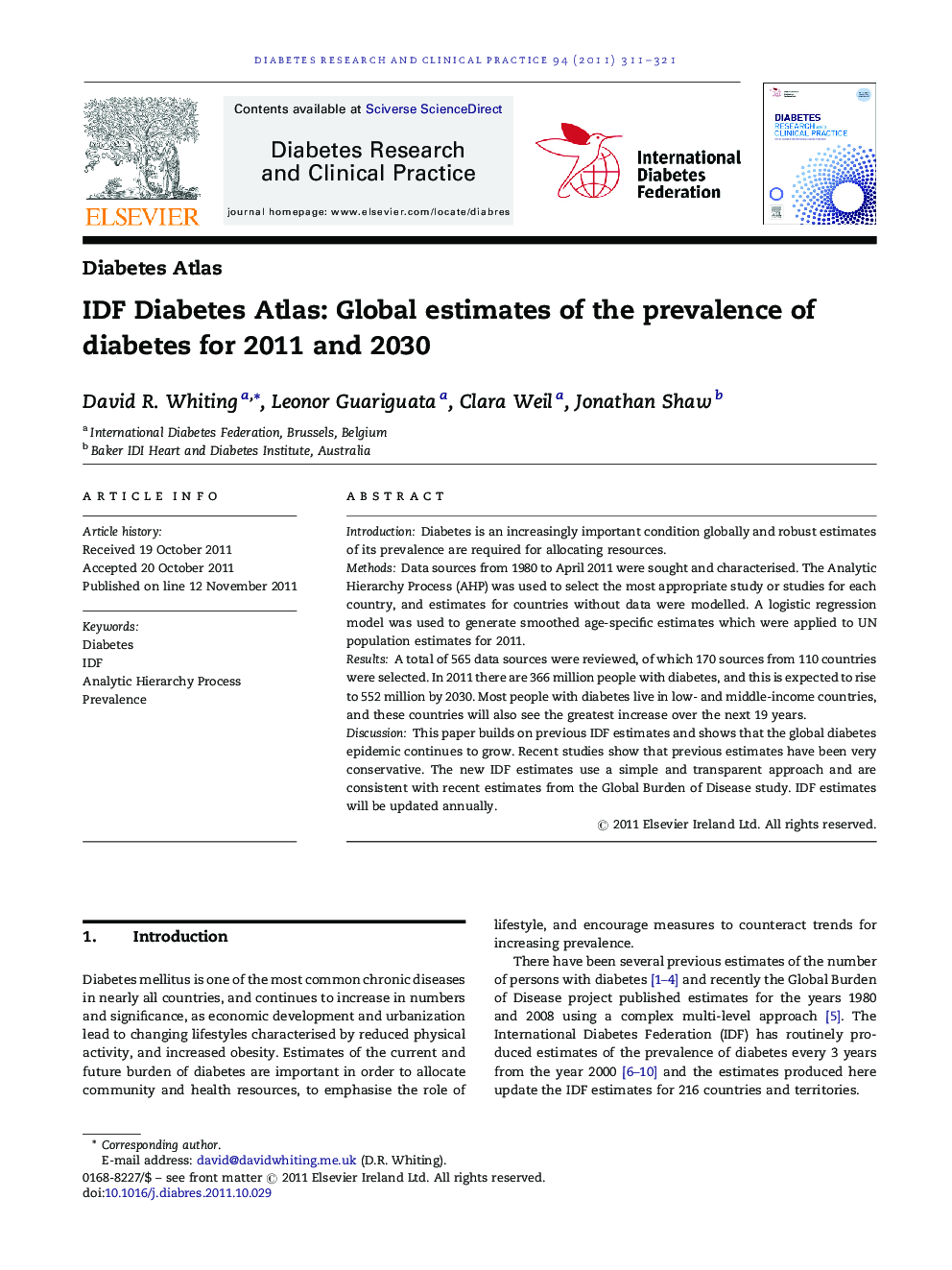 IDF Diabetes Atlas: Global estimates of the prevalence of diabetes for 2011 and 2030