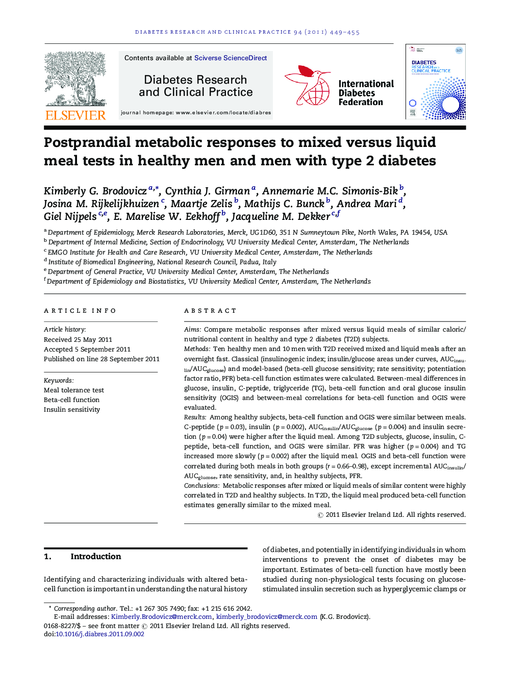 Postprandial metabolic responses to mixed versus liquid meal tests in healthy men and men with type 2 diabetes