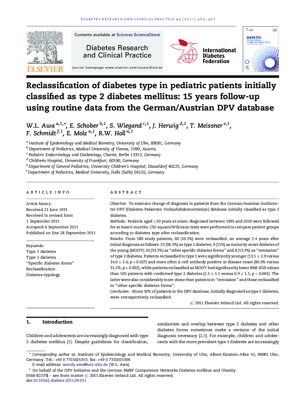 Reclassification of diabetes type in pediatric patients initially classified as type 2 diabetes mellitus: 15 years follow-up using routine data from the German/Austrian DPV database