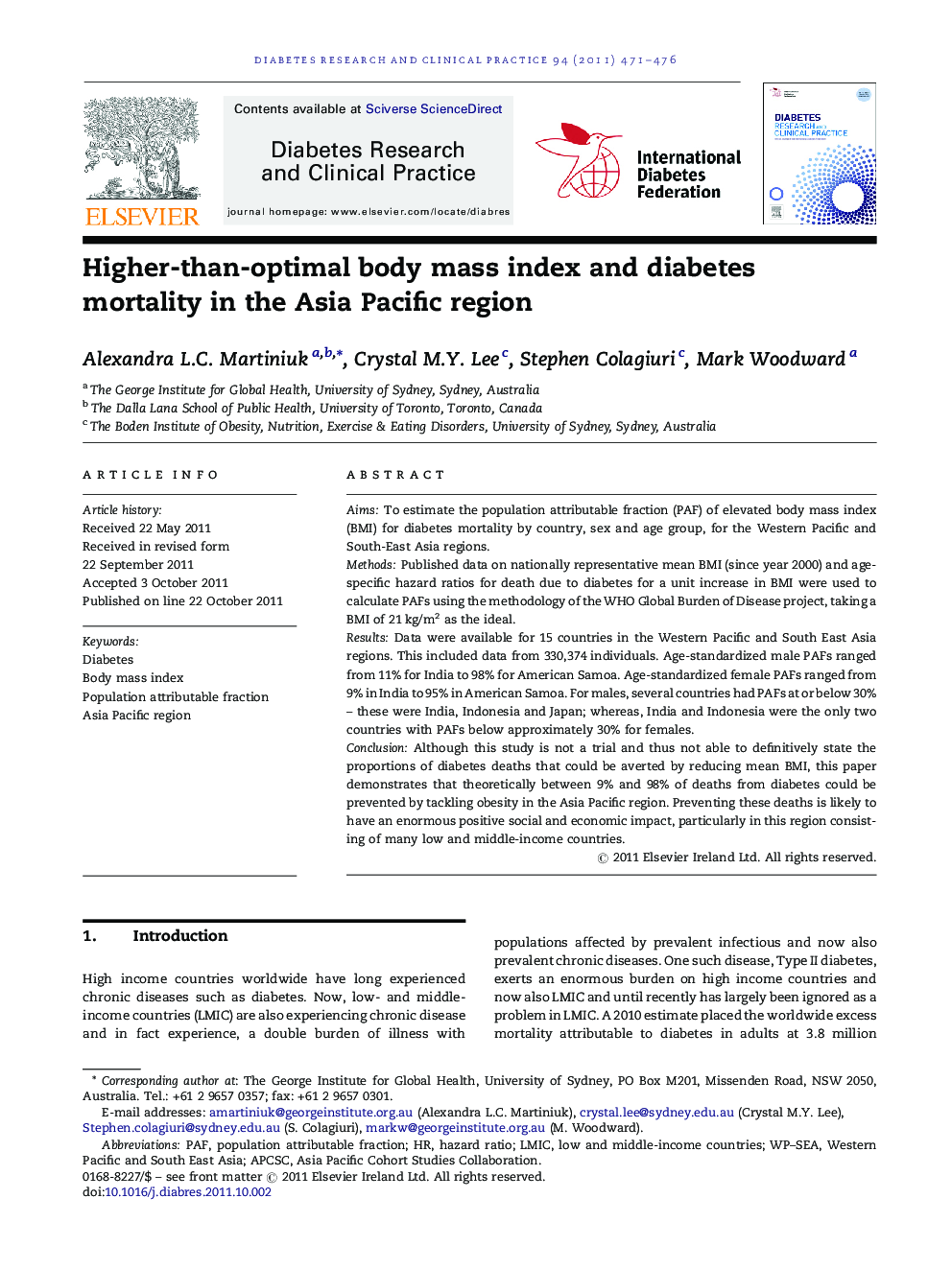 Higher-than-optimal body mass index and diabetes mortality in the Asia Pacific region