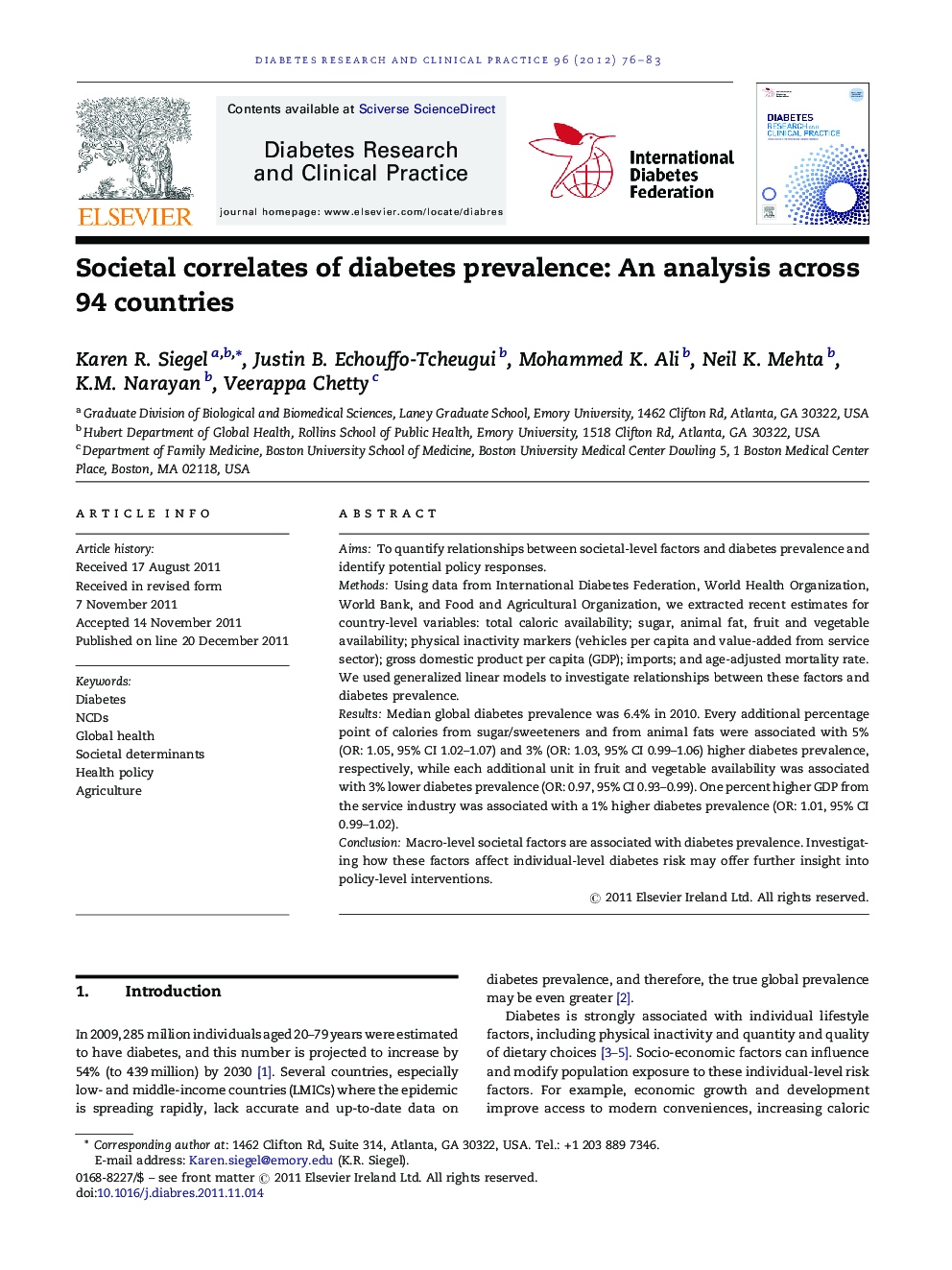 Societal correlates of diabetes prevalence: An analysis across 94 countries