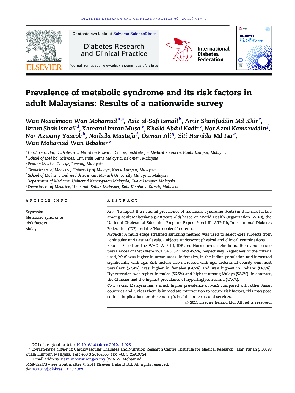 Prevalence of metabolic syndrome and its risk factors in adult Malaysians: Results of a nationwide survey
