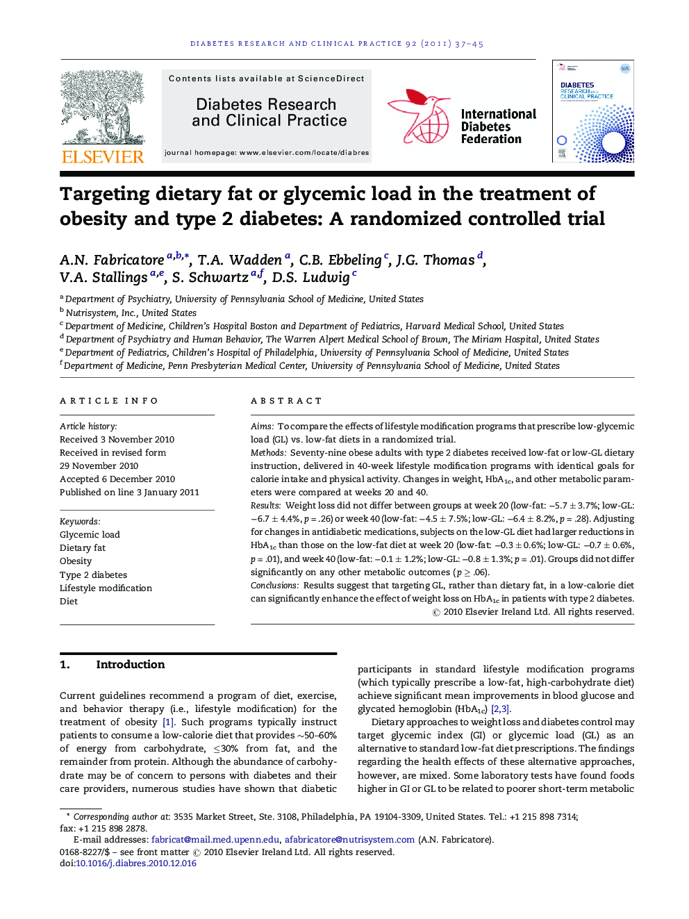 Targeting dietary fat or glycemic load in the treatment of obesity and type 2 diabetes: A randomized controlled trial