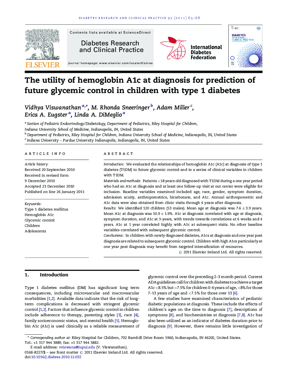 The utility of hemoglobin A1c at diagnosis for prediction of future glycemic control in children with type 1 diabetes