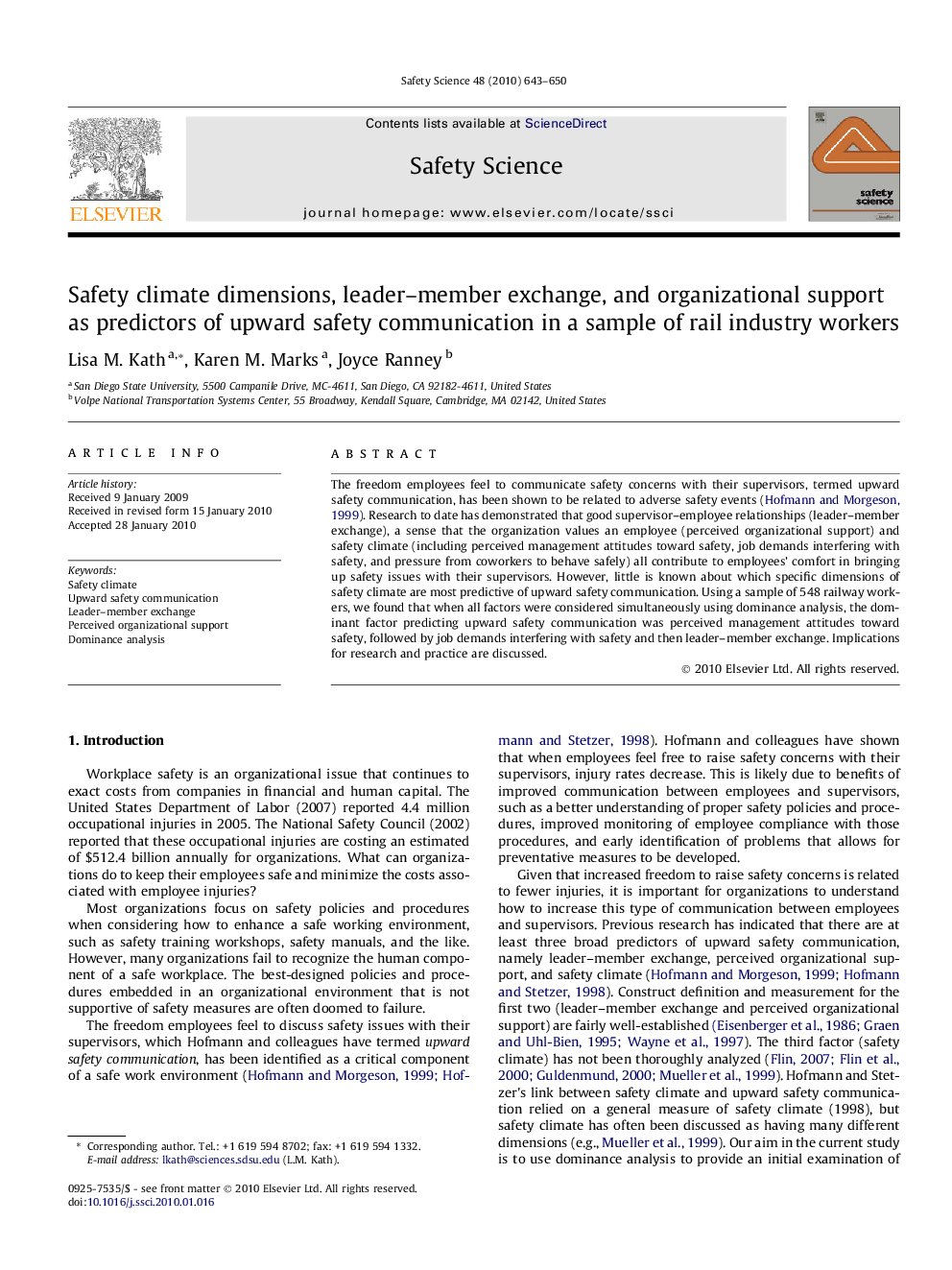 Safety climate dimensions, leader–member exchange, and organizational support as predictors of upward safety communication in a sample of rail industry workers