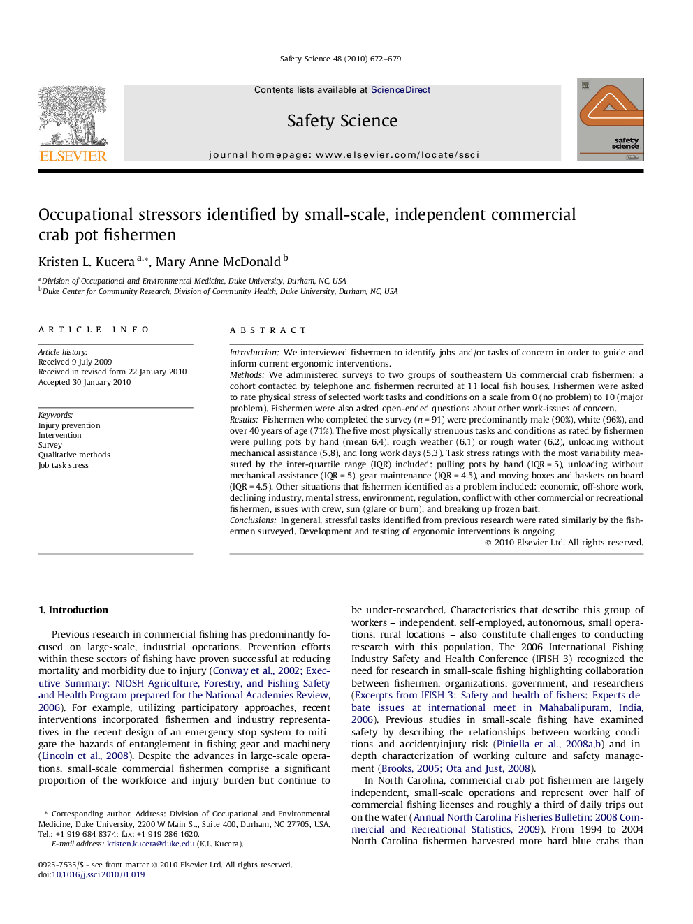 Occupational stressors identified by small-scale, independent commercial crab pot fishermen