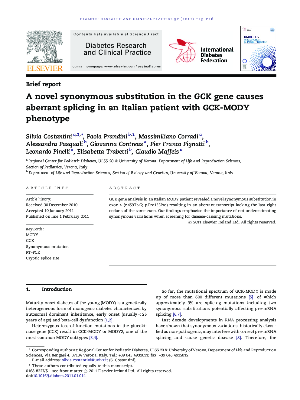 A novel synonymous substitution in the GCK gene causes aberrant splicing in an Italian patient with GCK-MODY phenotype