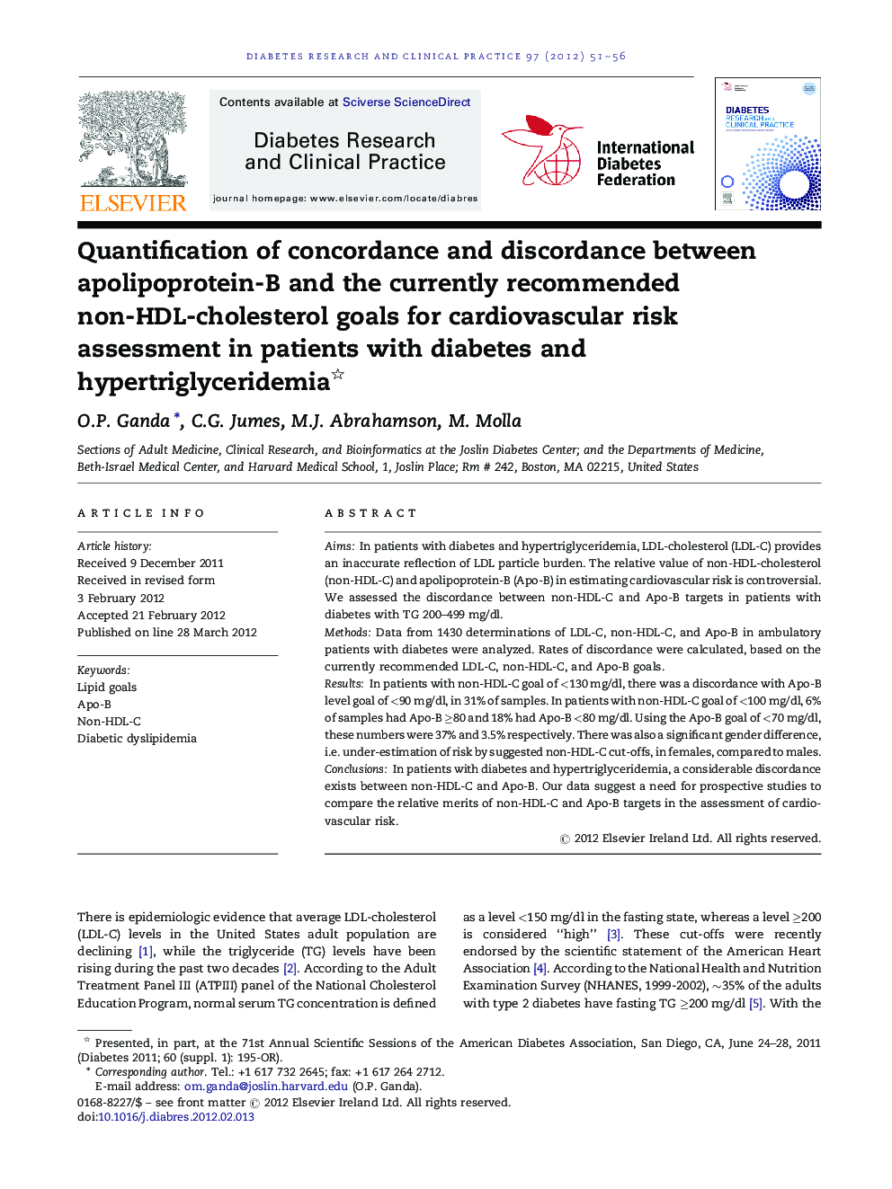 Quantification of concordance and discordance between apolipoprotein-B and the currently recommended non-HDL-cholesterol goals for cardiovascular risk assessment in patients with diabetes and hypertriglyceridemia