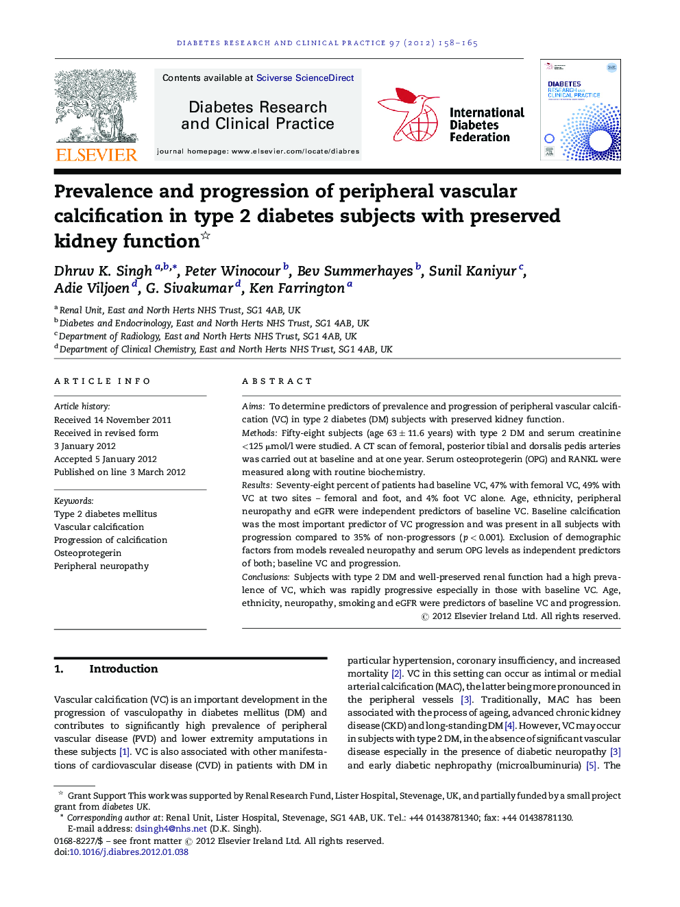 عکس صفحه اول مقاله: Prevalence and progression of peripheral vascular calcification in type 2 diabetes subjects with preserved kidney function Prevalence and progression of peripheral vascular calcification in type 2 diabetes subjects with preserved kidney function