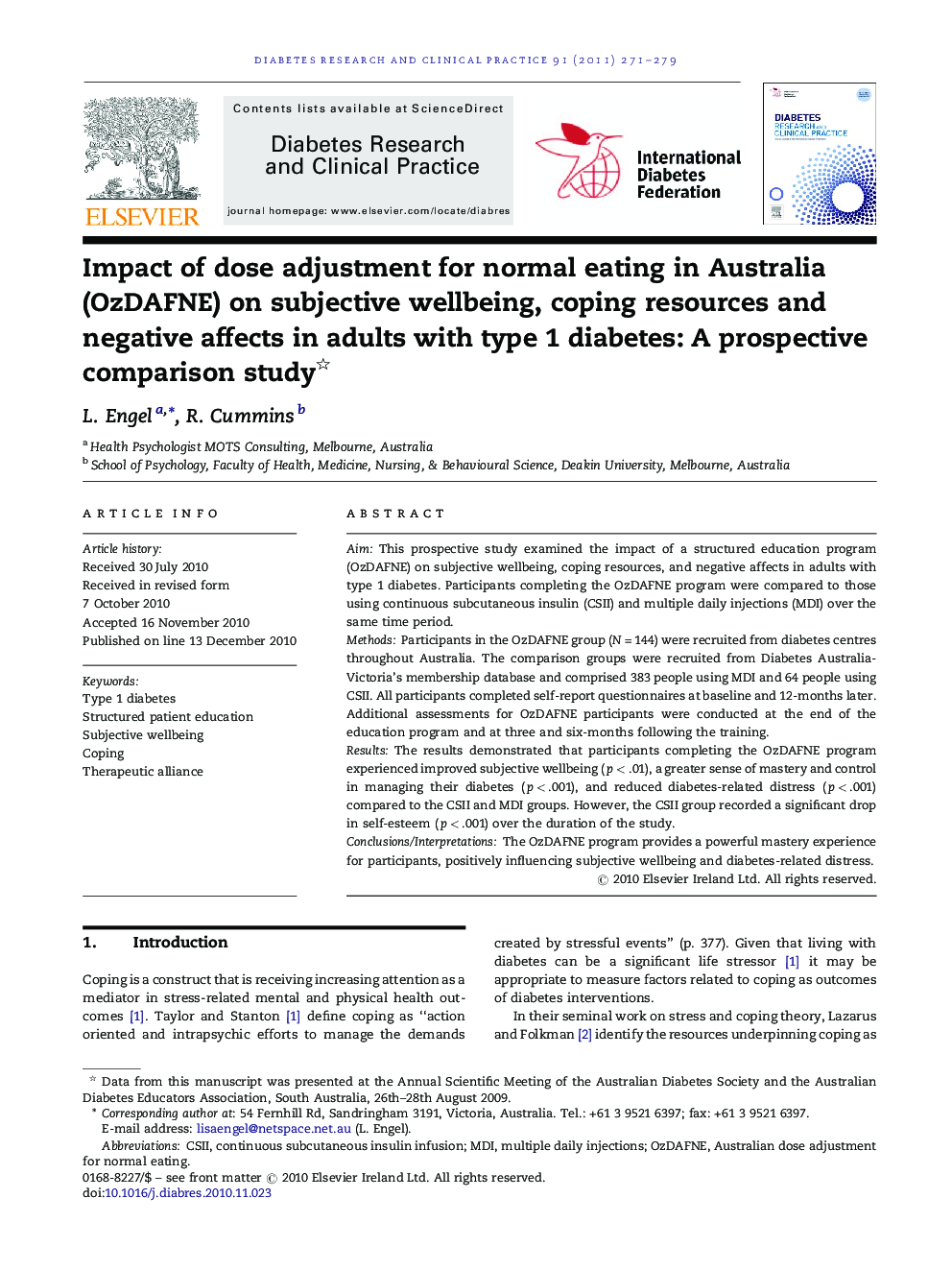 Impact of dose adjustment for normal eating in Australia (OzDAFNE) on subjective wellbeing, coping resources and negative affects in adults with type 1 diabetes: A prospective comparison study
