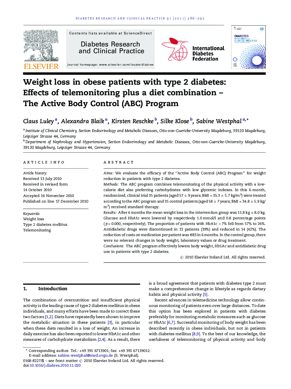 Weight loss in obese patients with type 2 diabetes: Effects of telemonitoring plus a diet combination - The Active Body Control (ABC) Program