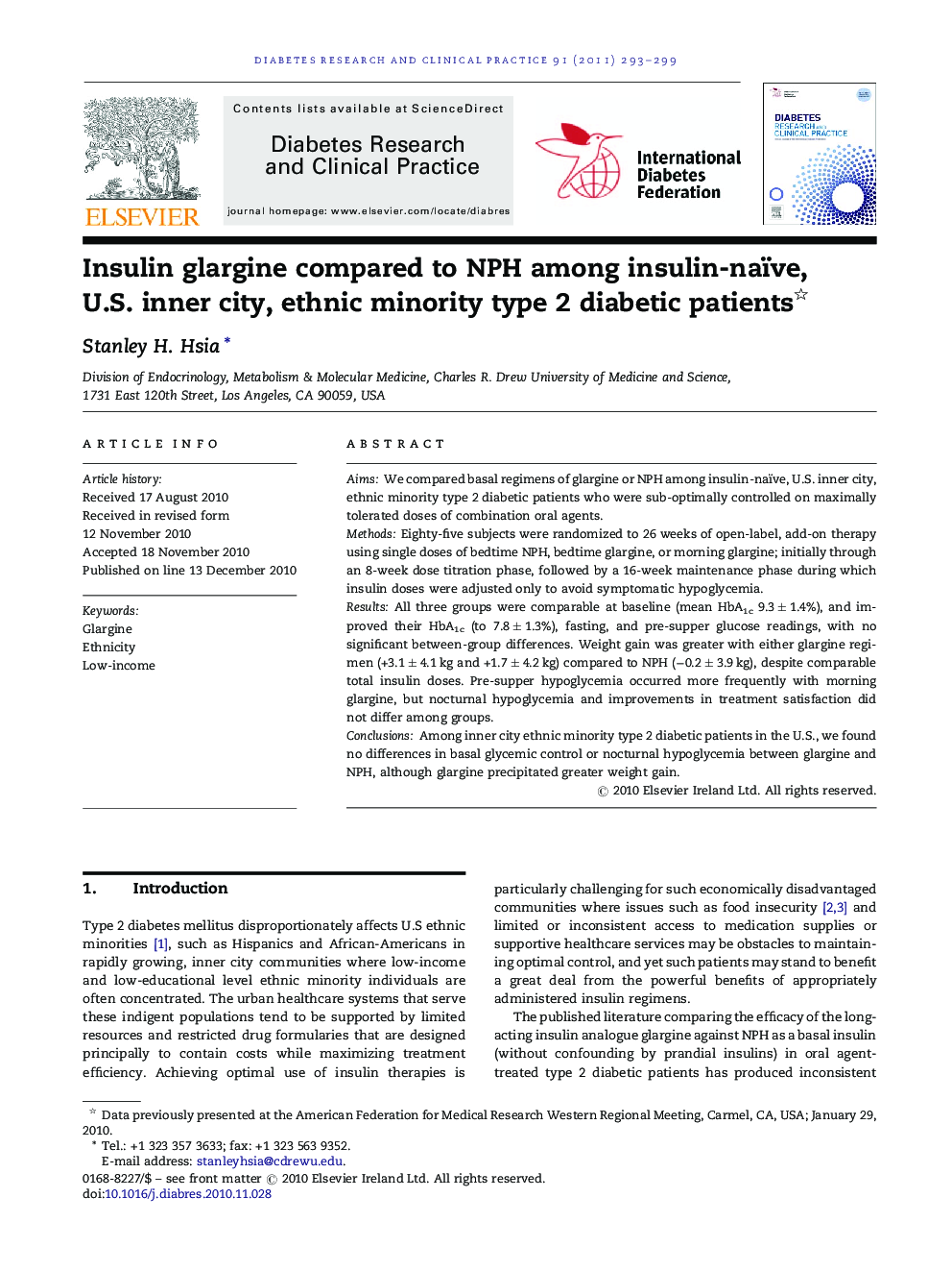 Insulin glargine compared to NPH among insulin-naïve, U.S. inner city, ethnic minority type 2 diabetic patients