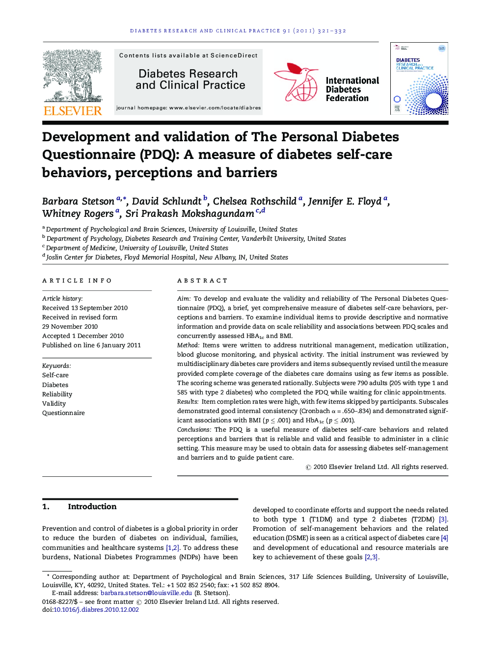 Development and validation of The Personal Diabetes Questionnaire (PDQ): A measure of diabetes self-care behaviors, perceptions and barriers