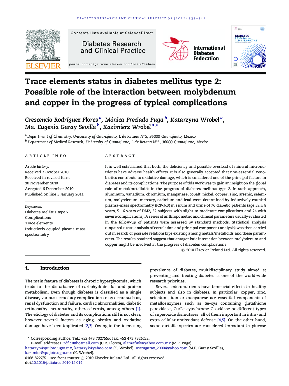 Trace elements status in diabetes mellitus type 2: Possible role of the interaction between molybdenum and copper in the progress of typical complications