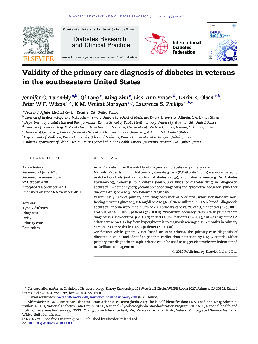 Validity of the primary care diagnosis of diabetes in veterans in the southeastern United States