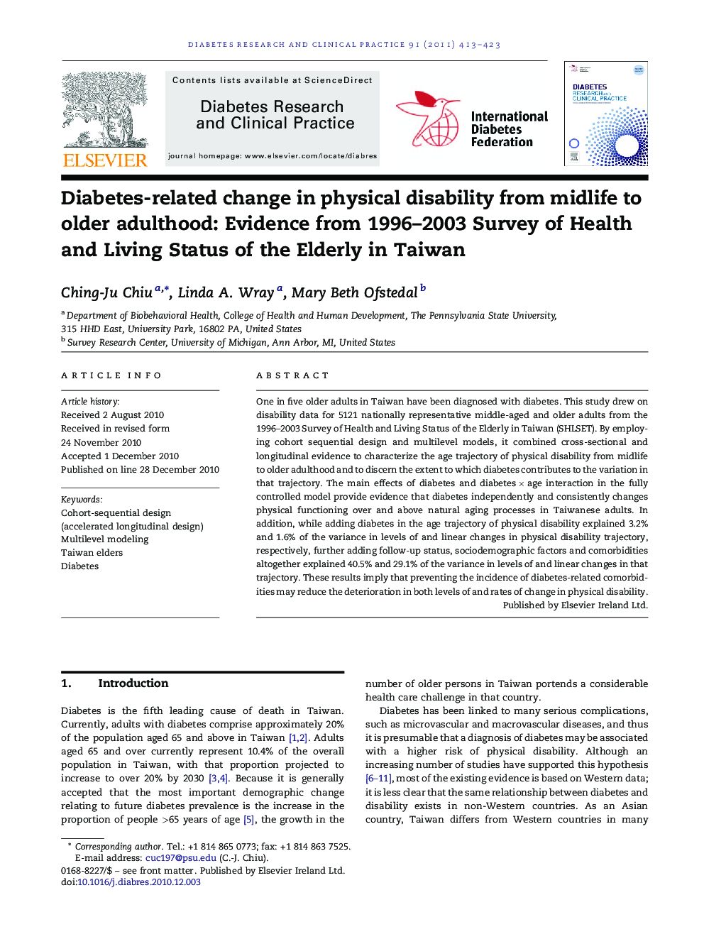 Diabetes-related change in physical disability from midlife to older adulthood: Evidence from 1996-2003 Survey of Health and Living Status of the Elderly in Taiwan