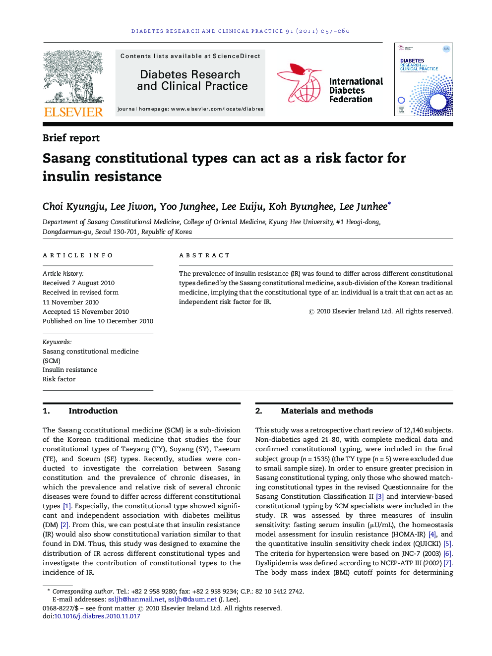 Sasang constitutional types can act as a risk factor for insulin resistance