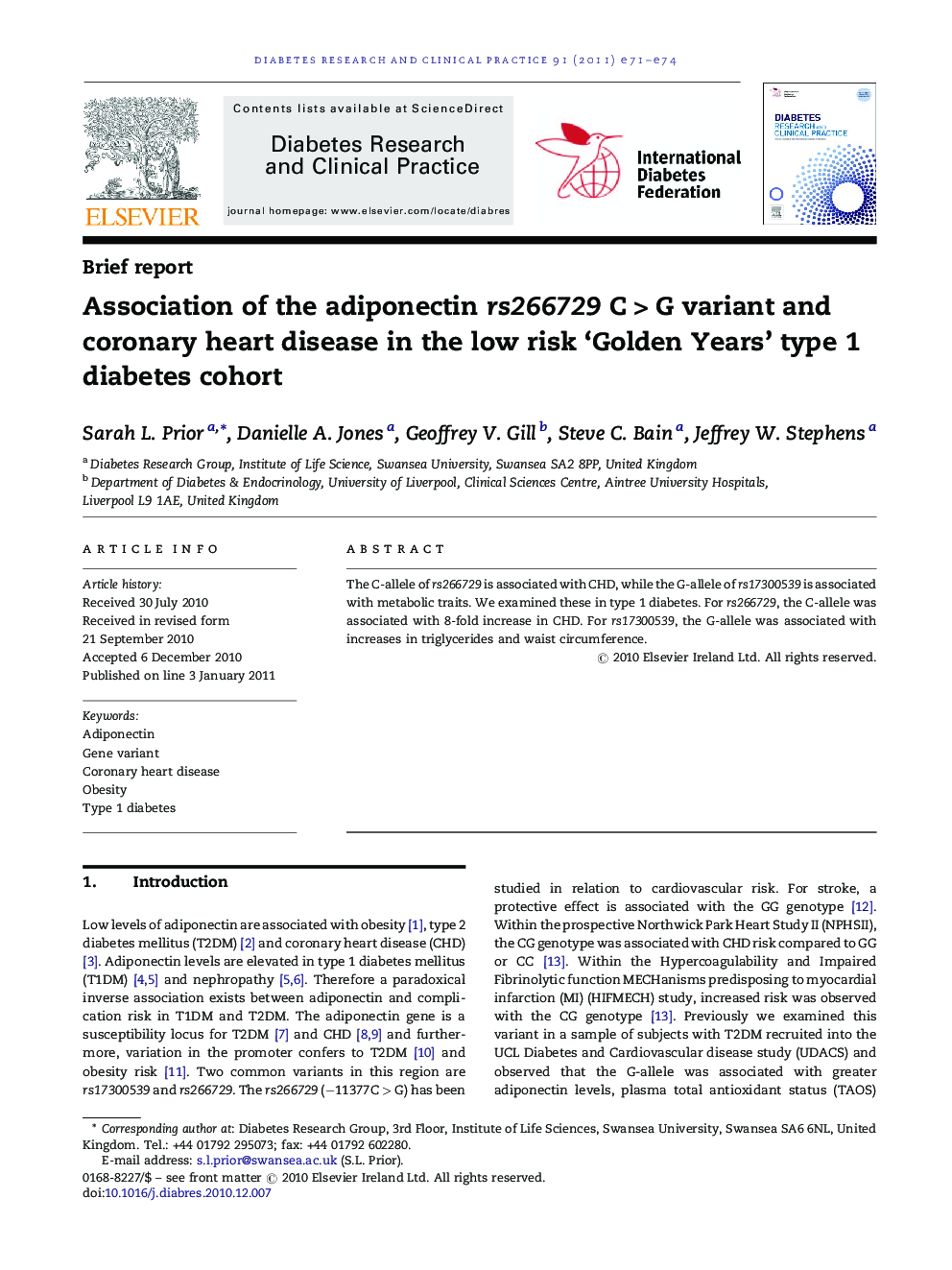 Association of the adiponectin rs266729 CÂ >Â G variant and coronary heart disease in the low risk 'Golden Years' type 1 diabetes cohort