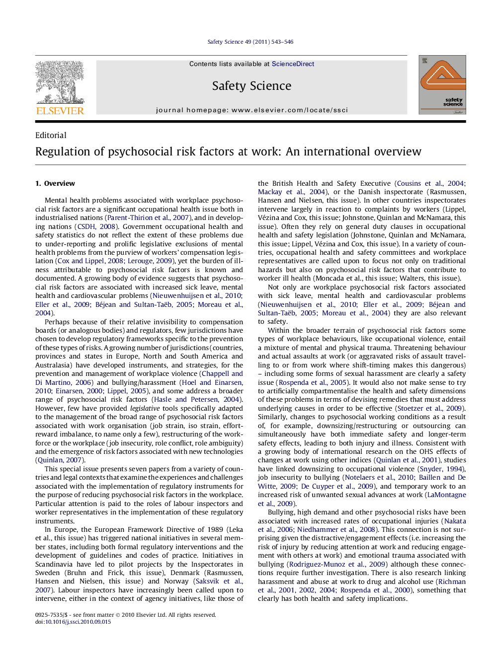 Regulation of psychosocial risk factors at work: An international overview