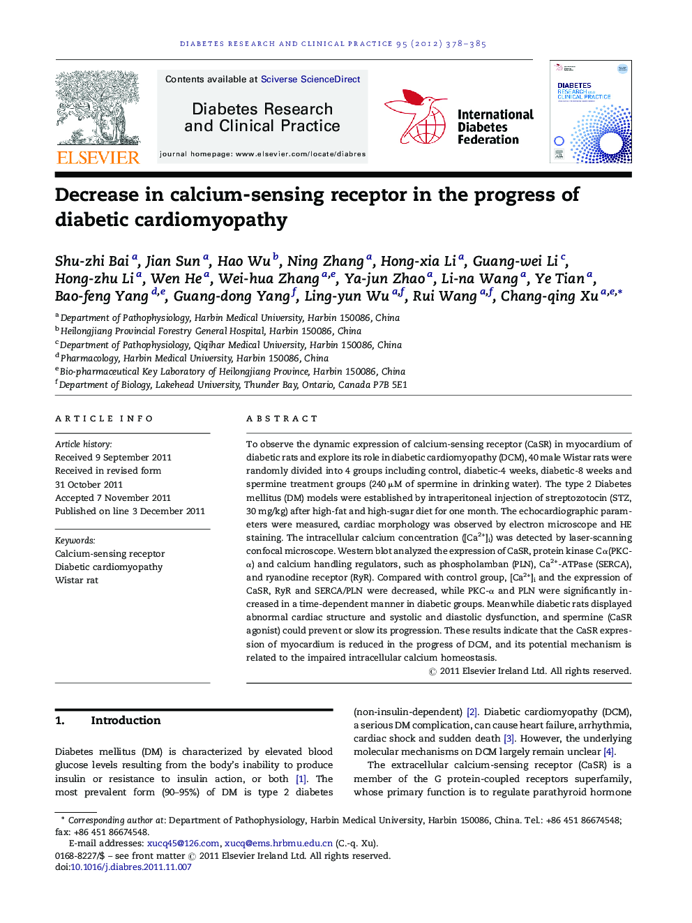 Decrease in calcium-sensing receptor in the progress of diabetic cardiomyopathy