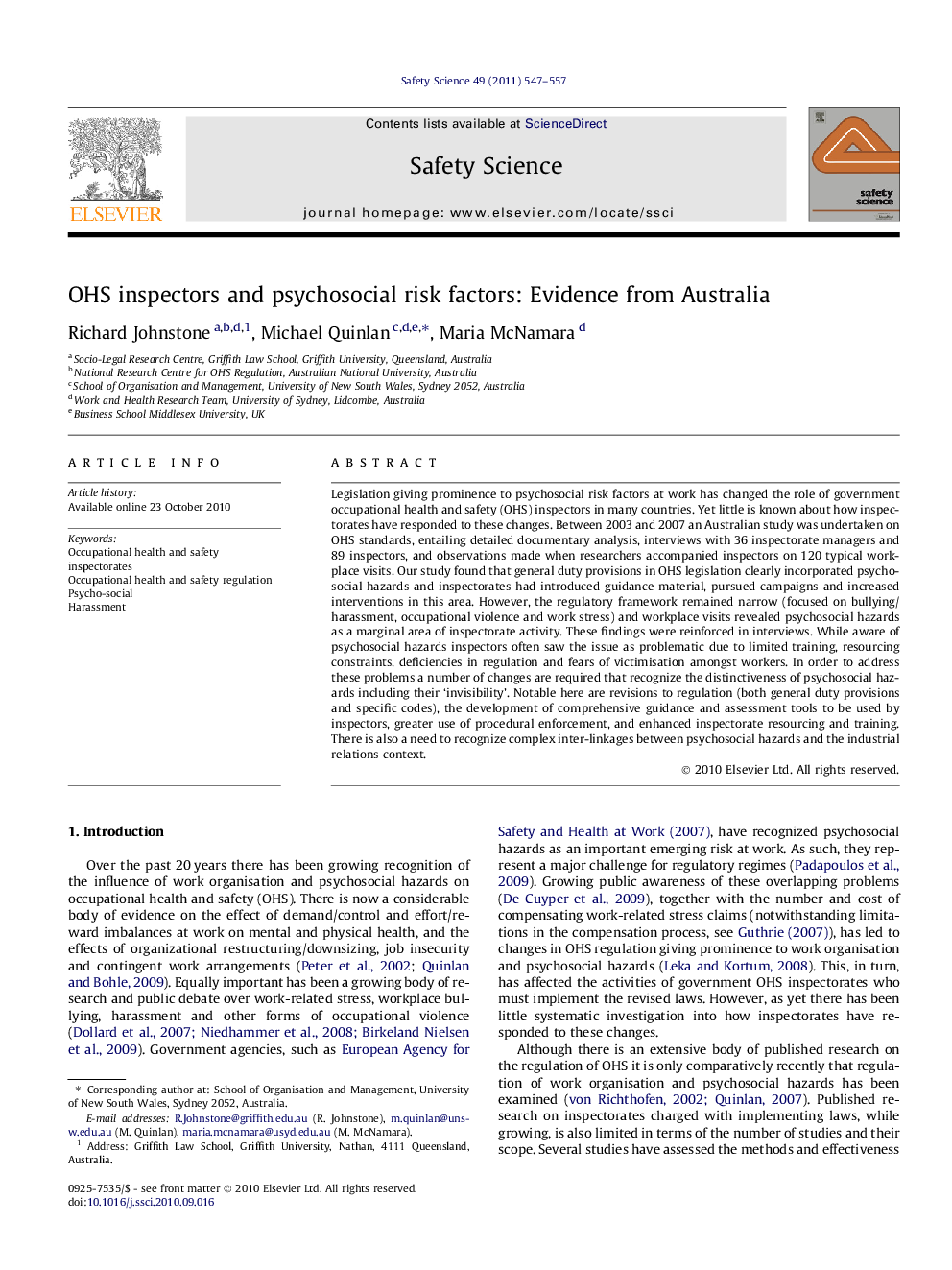 OHS inspectors and psychosocial risk factors: Evidence from Australia