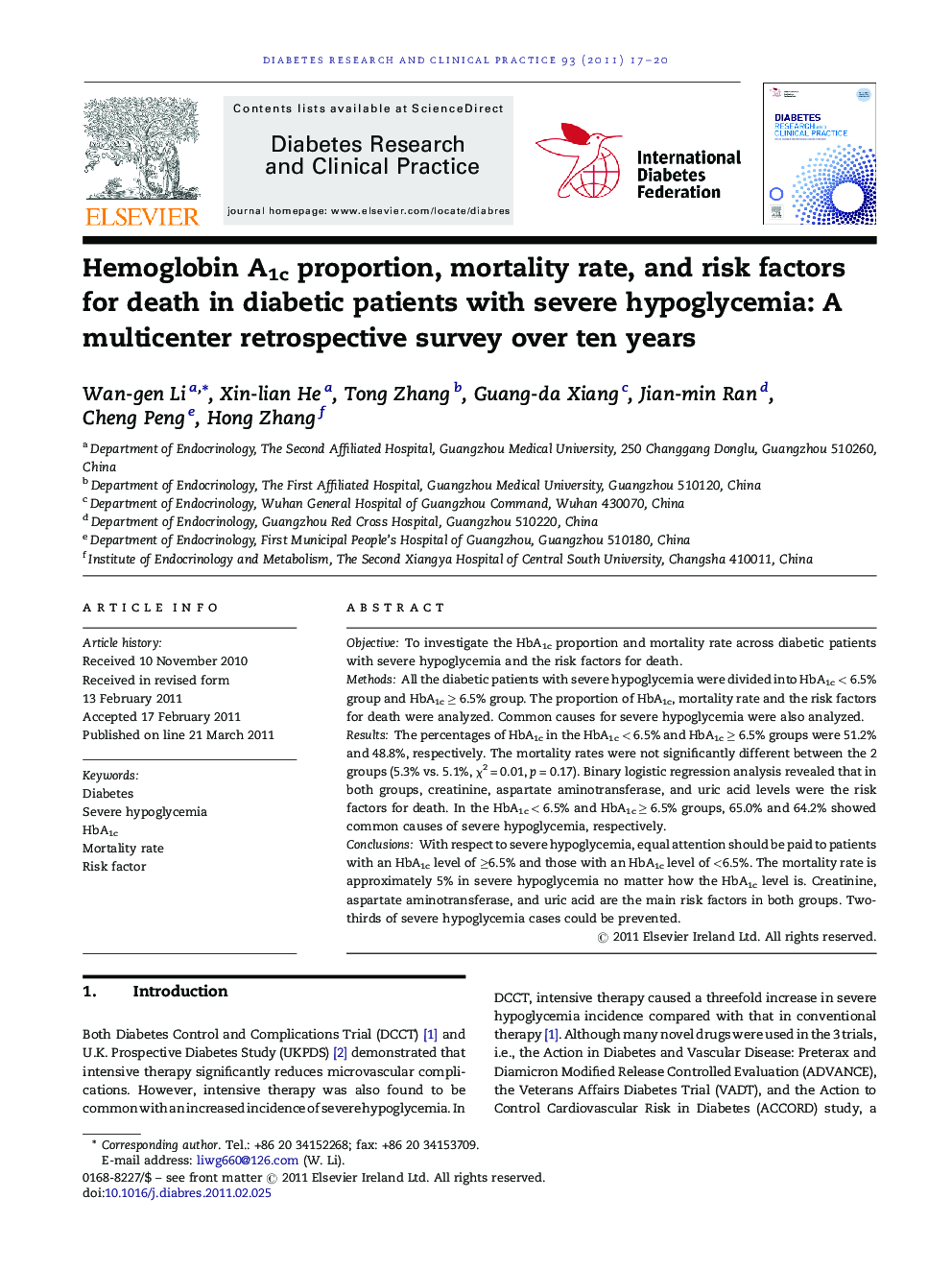 Hemoglobin A1c proportion, mortality rate, and risk factors for death in diabetic patients with severe hypoglycemia: A multicenter retrospective survey over ten years