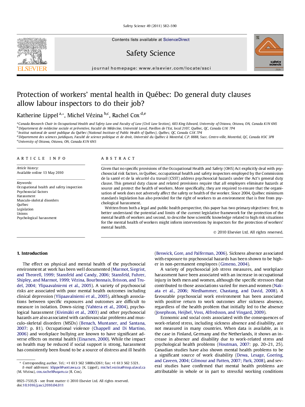 Protection of workers’ mental health in Québec: Do general duty clauses allow labour inspectors to do their job?