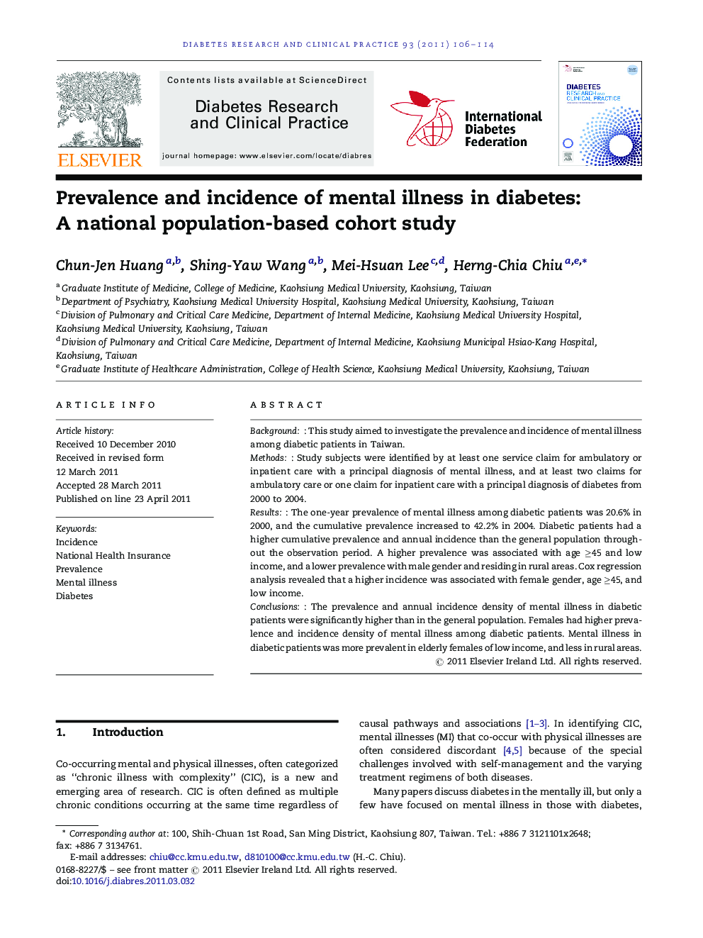 Prevalence and incidence of mental illness in diabetes: A national population-based cohort study