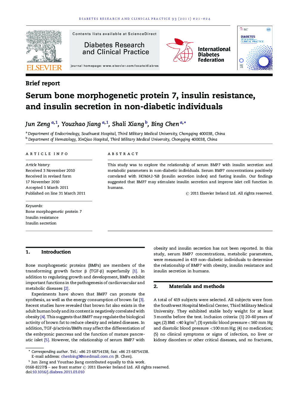 Serum bone morphogenetic protein 7, insulin resistance, and insulin secretion in non-diabetic individuals