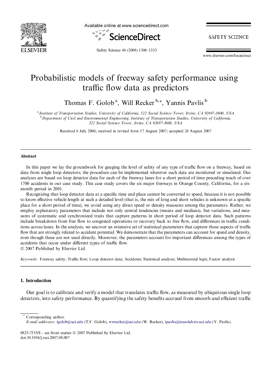 Probabilistic models of freeway safety performance using traffic flow data as predictors