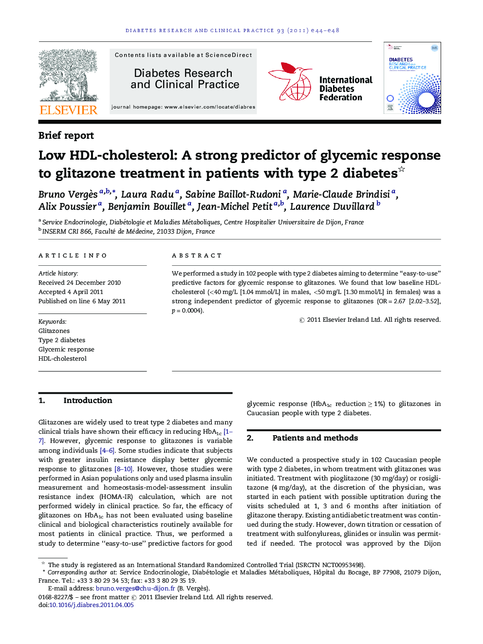 Low HDL-cholesterol: A strong predictor of glycemic response to glitazone treatment in patients with type 2 diabetes