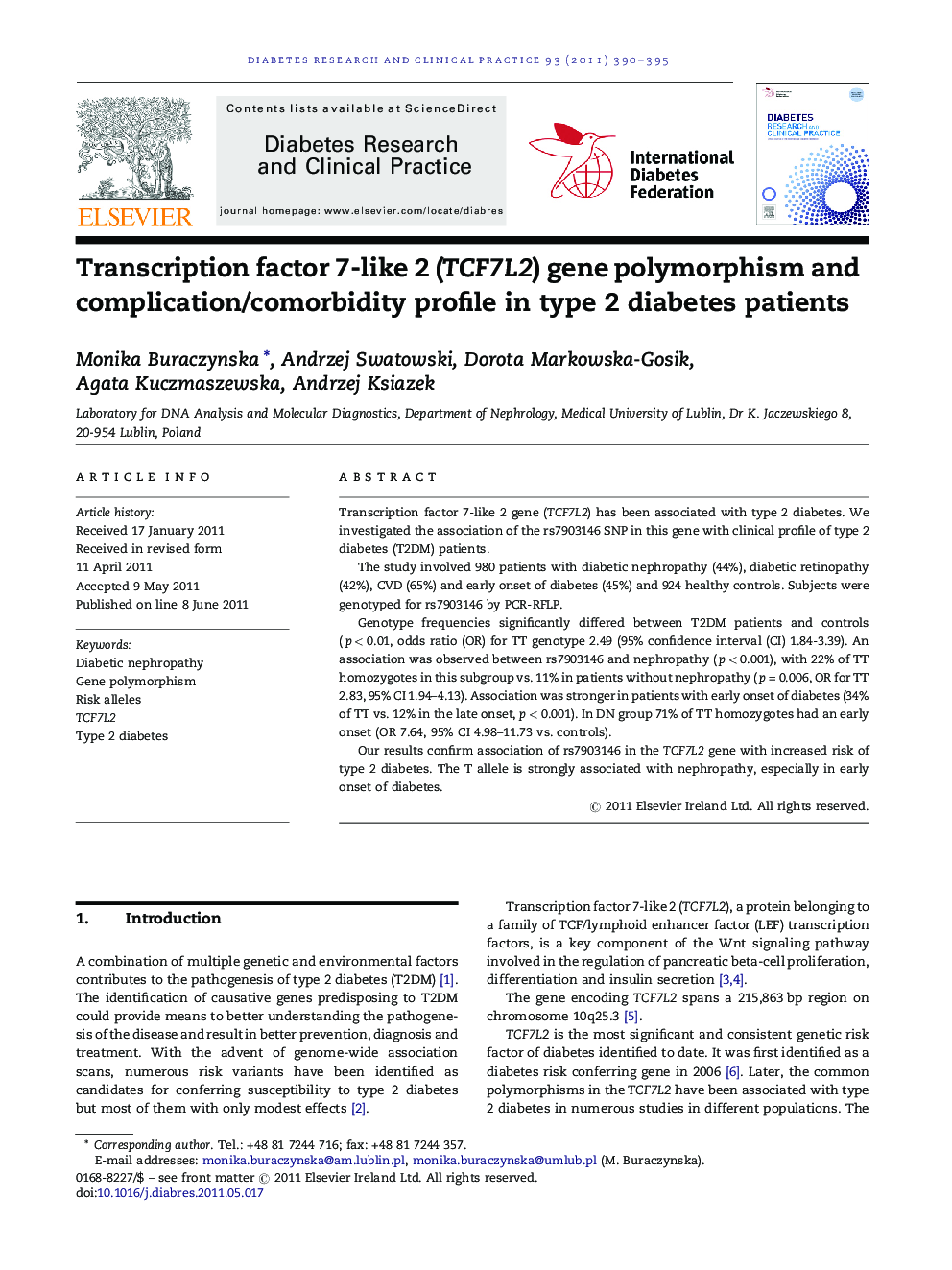 Transcription factor 7-like 2 (TCF7L2) gene polymorphism and complication/comorbidity profile in type 2 diabetes patients